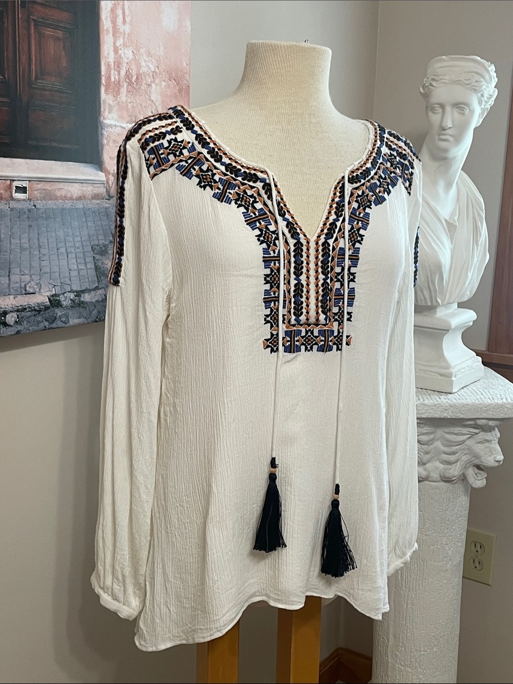 Soft Surroundings Embroidered Boho Tassel Long Sleeve Tunic M